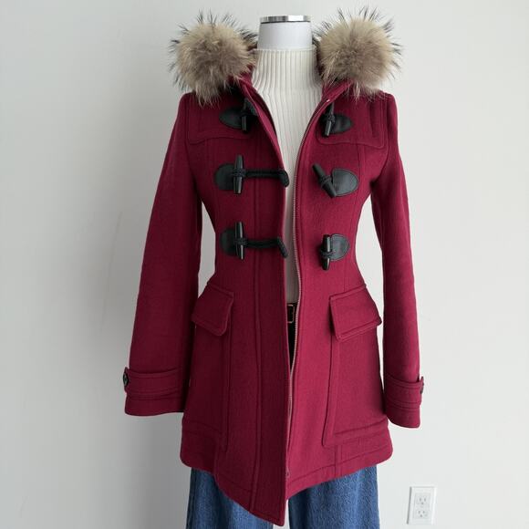 Burberry Brit Blackwell Coat Womens 8 Pink Wool Duffle Toggle Hooded Fur Trim - Picture 9 of 16